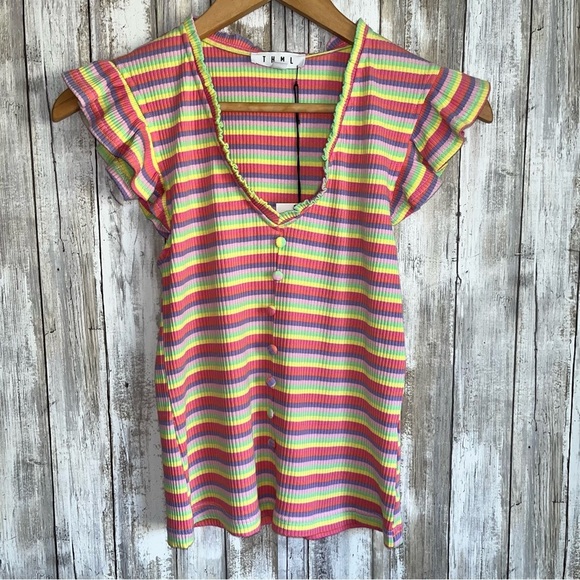 THML Tops - NWT THML Rainbow Ribbed Faux Button Stretch Blouse Women’s